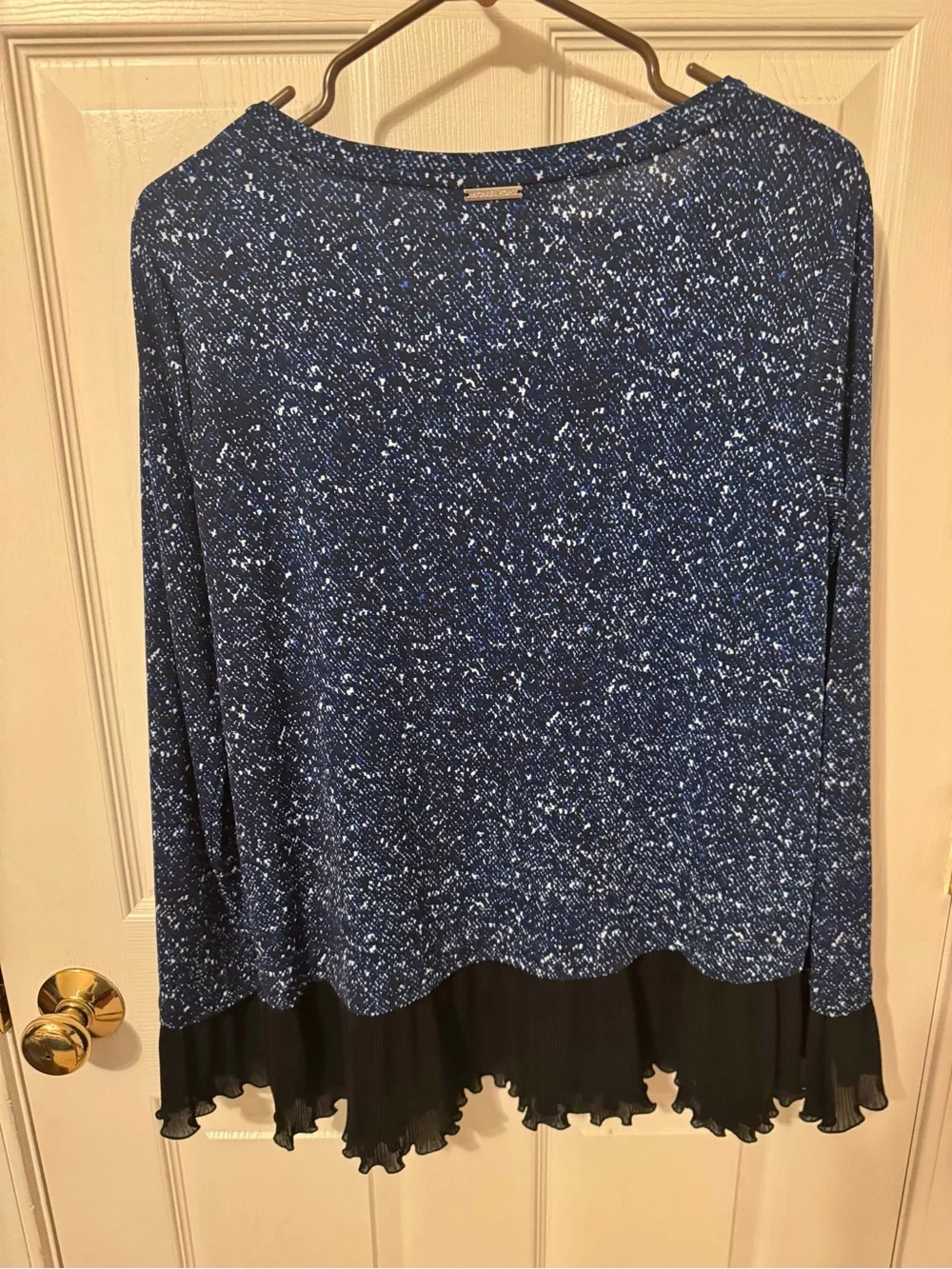 Michael Kors Navy Speckled Long Sleeve Top with Black Pleated Ruffle Hem
